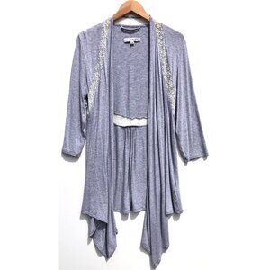 Anne Klein 2 open front cardigan women S gray lace trim kimono lounge casual